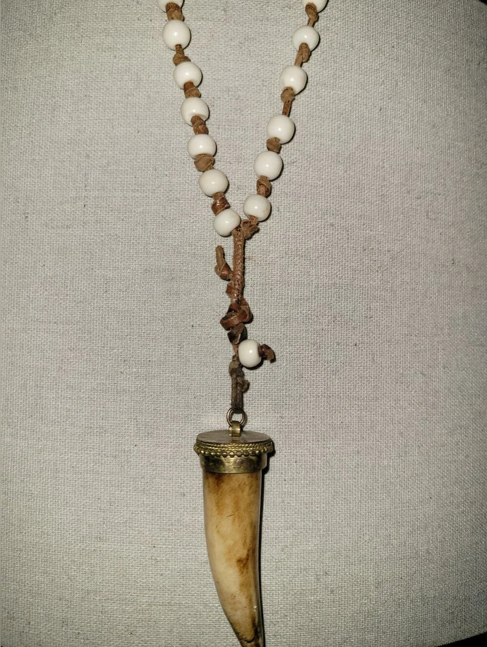 Boho Ivory Looking Tusk Beaded Horn Pendant Cord Necklace